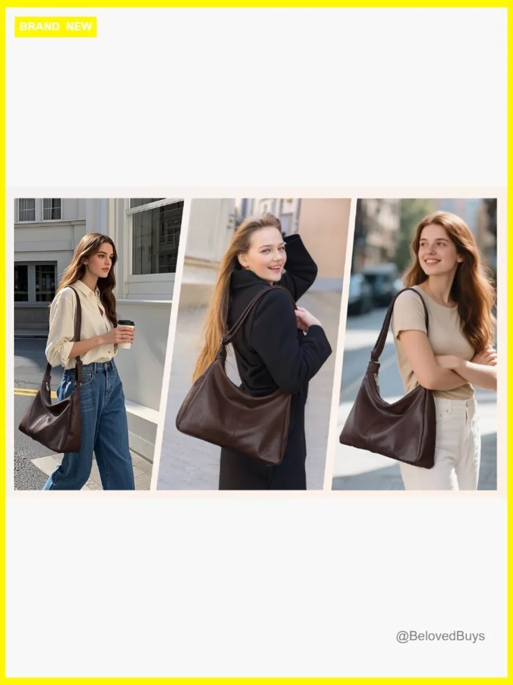 Vegan Leather Slouchy Hobo Tote Bag, Adjustable Strap, Zipper